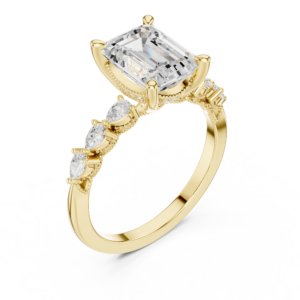 Emerald Center Three-Stone Diamond Ring with Pear Accents