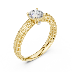 Round Diamond Solitaire Ring with Lattice Band and Accent Diamonds