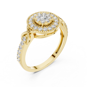 Double Halo Cluster Diamond Ring with Pavé Band