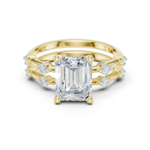 Emerald Cut Diamond Ring with Triple Band Accent