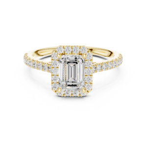 Emerald Cut Halo Diamond Ring with Pave Band