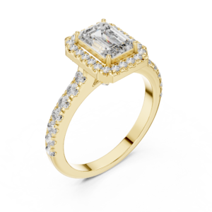Emerald Cut Halo Diamond Ring with Pave Band